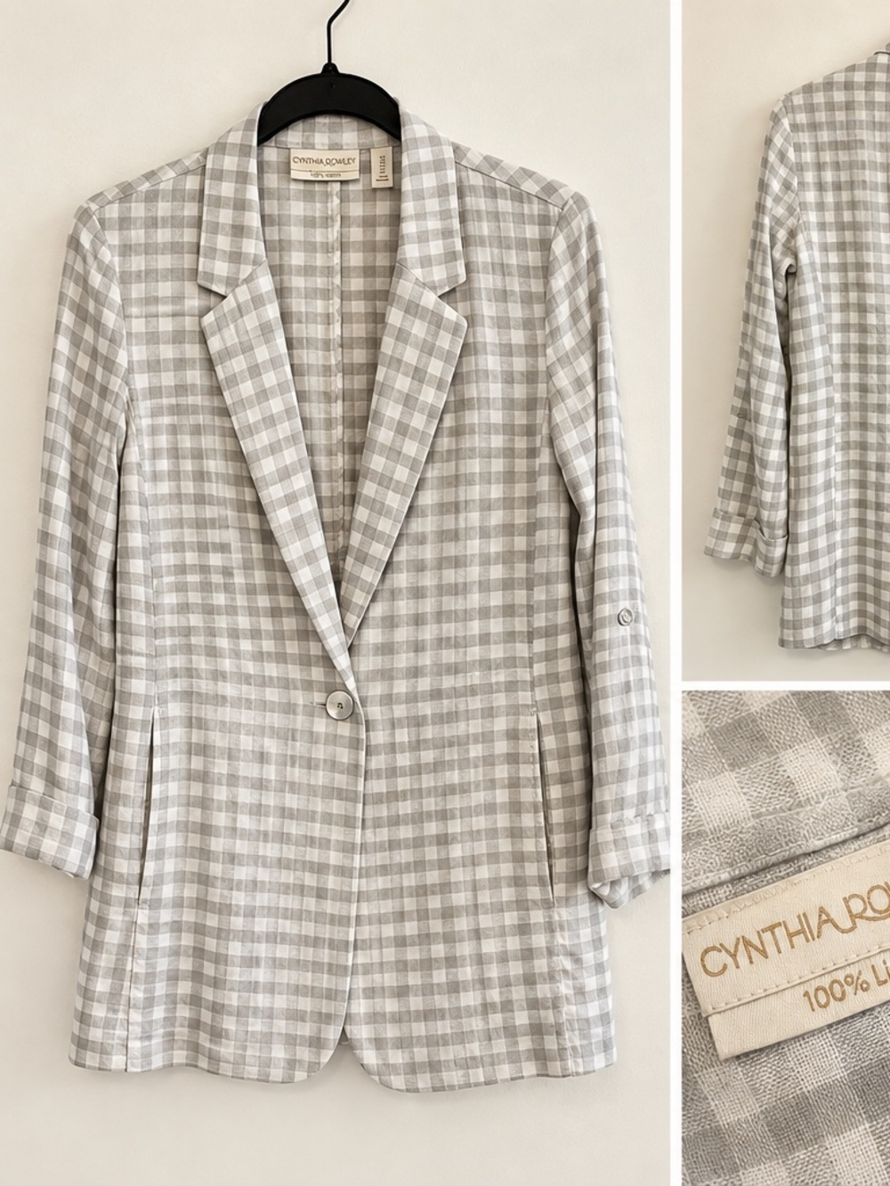 Cynthia Rowley Gray White Gingham 100% Linen Blazer Size 6